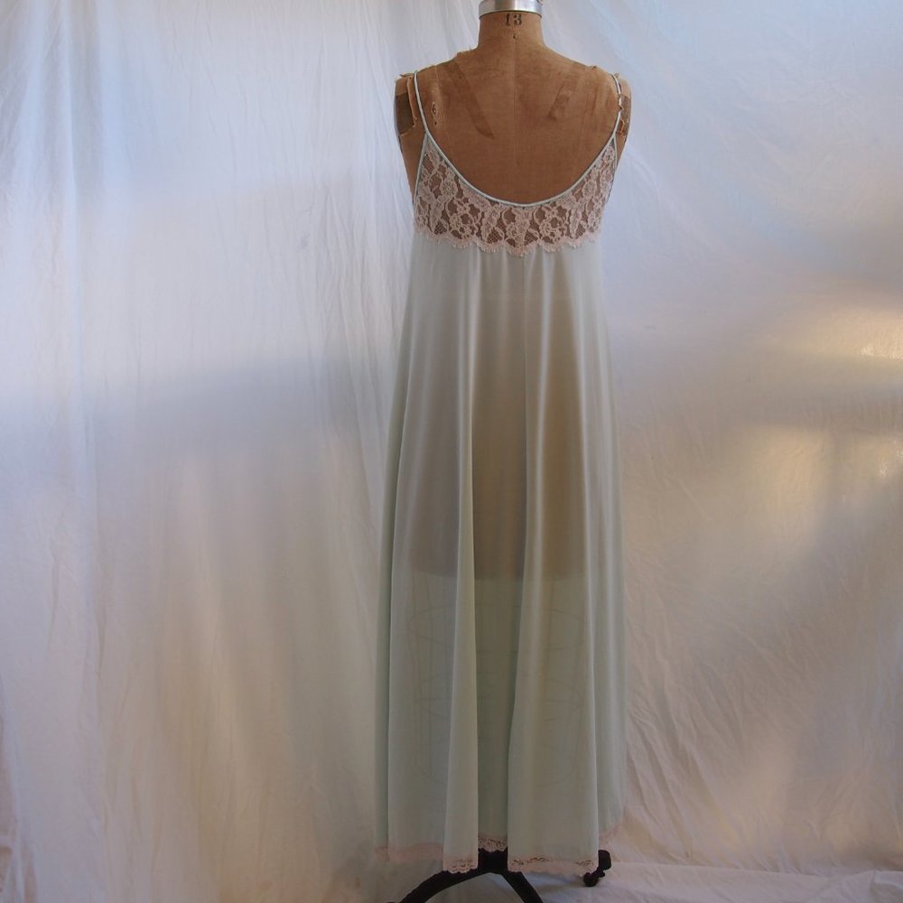 vtg 70s LUCIE ANN Claire Sandra Green Full Sweep Nightgown Beverly Hills LACE M - Picture 9 of 11